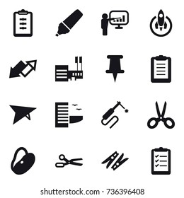 16 vector icon set : clipboard, marker, presentation, rocket, up down arrow, mall, deltaplane, hotel, scissors, clothespin, clipboard list