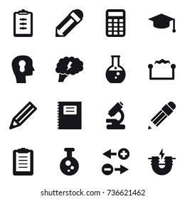 16 vector icon set : clipboard, pencil, calculator, graduate hat, bulb head, brain, round flask, electrostatic, copybook