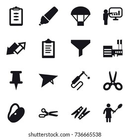 16 vector icon set : clipboard, marker, parachute, presentation, up down arrow, funnel, mall, deltaplane, scissors, clothespin, woman with pipidaster