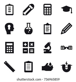 16 vector icon set : clipboard, pencil, calculator, graduate hat, bulb head, round flask, school, ruler