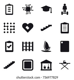 16 vector icon set : clipboard, chip, graduate hat, hoverboard, stairs, windsurfing, cutting board, utility room, iron board