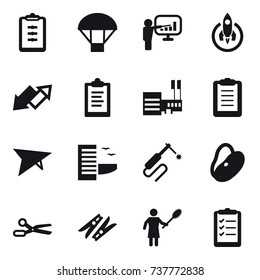16 vector icon set : clipboard, parachute, presentation, rocket, up down arrow, mall, deltaplane, hotel, scissors, clothespin, woman with pipidaster, clipboard list