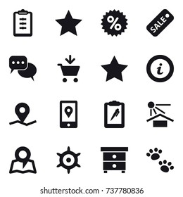 16 vector icon set : clipboard, star, percent, sale, discussion, add to cart, info, map, handwheel, nightstand, pets