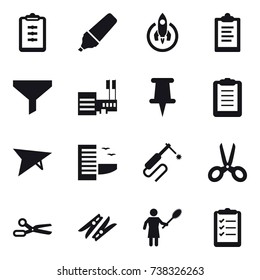 16 vector icon set : clipboard, marker, rocket, funnel, mall, deltaplane, hotel, scissors, clothespin, woman with pipidaster, clipboard list