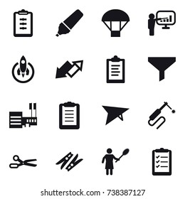 16 vector icon set : clipboard, marker, parachute, presentation, rocket, up down arrow, funnel, mall, deltaplane, scissors, clothespin, woman with pipidaster, clipboard list