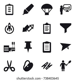 16 vector icon set : clipboard, marker, parachute, presentation, rocket, up down arrow, funnel, mall, deltaplane, scissors, clothespin, woman with pipidaster