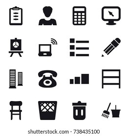 16 vector icon set : clipboard, woman, calculator, monitor arrow, presentation, notebook wireless, list, pencil, skyscrapers, rack, chair, trash bin, bucket and broom