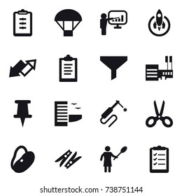 16 vector icon set : clipboard, parachute, presentation, rocket, up down arrow, funnel, mall, hotel, scissors, clothespin, woman with pipidaster, clipboard list
