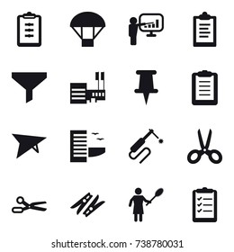 16 vector icon set : clipboard, parachute, presentation, funnel, mall, deltaplane, hotel, scissors, clothespin, woman with pipidaster, clipboard list