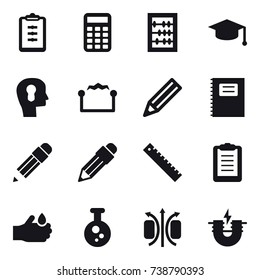 16 vector icon set : clipboard, calculator, abacus, graduate hat, bulb head, electrostatic, pencil, copybook, ruler