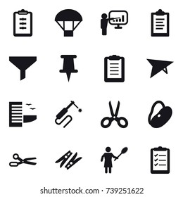 16 vector icon set : clipboard, parachute, presentation, funnel, deltaplane, hotel, scissors, clothespin, woman with pipidaster, clipboard list