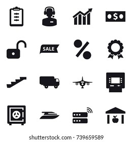 16 vector icon set : clipboard, call center, diagram, money, unlock, sale, percent, medal, stairs, plane, atm, safe, yacht, warehouse