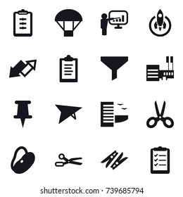 16 vector icon set : clipboard, parachute, presentation, rocket, up down arrow, funnel, mall, deltaplane, hotel, scissors, clothespin, clipboard list