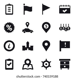 16 vector icon set : clipboard, flag, calendar, percent, car pointer, dollar pin, sale, info, castle, map, handwheel, nightstand