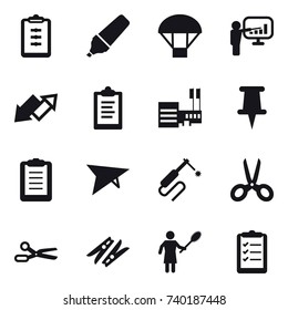 16 vector icon set : clipboard, marker, parachute, presentation, up down arrow, mall, deltaplane, scissors, clothespin, woman with pipidaster, clipboard list