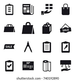 16 vector icon set : clipboard, newspaper, gift, shopping bag, sale, drawing compass, paper towel, hand dryer