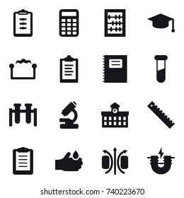16 vector icon set : clipboard, calculator, abacus, graduate hat, electrostatic, copybook, university, ruler