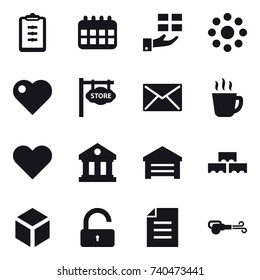 16 vector icon set : clipboard, calendar, gift, round around, heart, store signboard, mail, hot drink, library, garage, block wall, 3d, unlock, blower