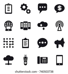 16 vector icon set : clipboard, gear, message, money message, notebook globe, server, cloude service, antenna, chip, ballon, loudspeaker