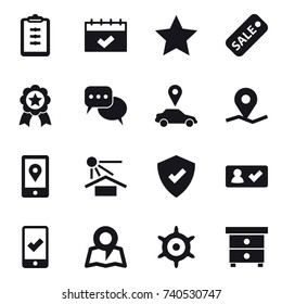 16 vector icon set : clipboard, calendar, star, sale, medal, discussion, car pointer, check in, mobile checking, map, handwheel, nightstand