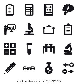 16 vector icon set : clipboard, calculator, abacus, brain, presentation, microscope, electrostatic, pencil, school