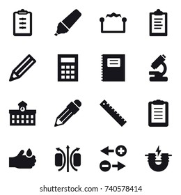 16 vector icon set : clipboard, marker, electrostatic, pencil, calculator, copybook, university, ruler