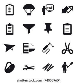 16 vector icon set : clipboard, parachute, presentation, up down arrow, funnel, deltaplane, hotel, scissors, clothespin, woman with pipidaster