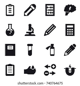 16 vector icon set : clipboard, pencil, abacus, brain, round flask, microscope, calculator, copybook