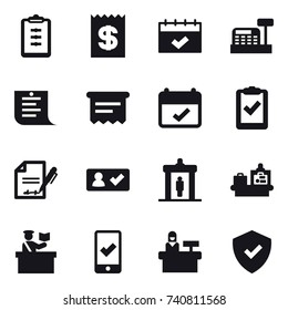 16 vector icon set : clipboard, receipt, calendar, cashbox, shopping list, atm receipt, check in, detector, baggage checking, inspector, mobile checking, reception