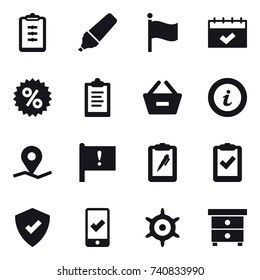 16 vector icon set : clipboard, marker, flag, calendar, percent, remove from basket, info, mobile checking, handwheel, nightstand