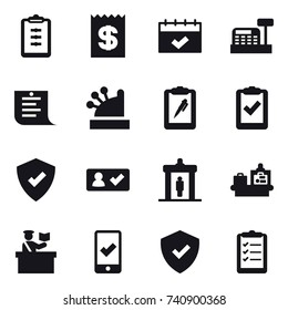 16 vector icon set : clipboard, receipt, calendar, cashbox, shopping list, check in, detector, baggage checking, inspector, mobile checking, clipboard list