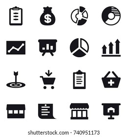 16 vector icon set : clipboard, money bag, circle diagram, statistic, presentation, diagram, graph up, target, add to cart, add to basket, market, shopping list