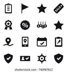 16 vector icon set : clipboard, flag, star, sale, medal, percent, check in, handwheel