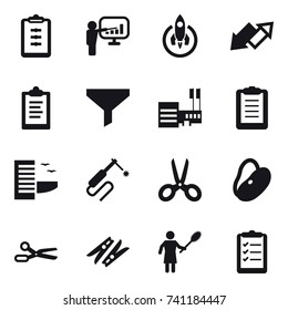 16 vector icon set : clipboard, presentation, rocket, up down arrow, funnel, mall, hotel, scissors, clothespin, woman with pipidaster, clipboard list