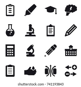 16 vector icon set : clipboard, marker, graduate hat, brain, round flask, microscope, pencil, calculator, university