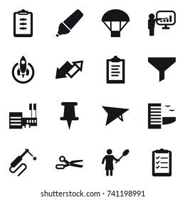 16 vector icon set : clipboard, marker, parachute, presentation, rocket, up down arrow, funnel, mall, deltaplane, hotel, scissors, woman with pipidaster, clipboard list