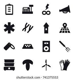 16 vector icon set : clipboard, cashbox, infinity power, loudspeaker, tower, taxi, speaker, big fork, windmill, gloves