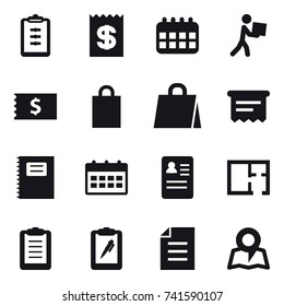 16 vector icon set : clipboard, receipt, calendar, courier, shopping bag, atm receipt, copybook, plan, map