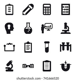 16 vector icon set : clipboard, pencil, calculator, abacus, bulb head, round flask, presentation, microscope, electrostatic, school