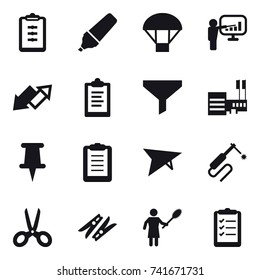 16 vector icon set : clipboard, marker, parachute, presentation, up down arrow, funnel, mall, deltaplane, scissors, clothespin, woman with pipidaster, clipboard list