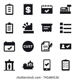 16 vector icon set : clipboard, receipt, calendar, cashbox, atm receipt, list, check in, detector, baggage checking, mobile checking, clipboard list