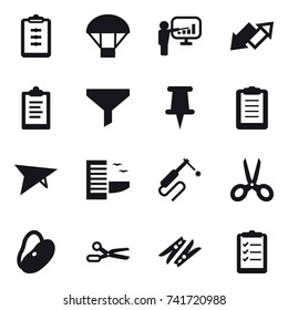 16 vector icon set : clipboard, parachute, presentation, up down arrow, funnel, deltaplane, hotel, scissors, clothespin, clipboard list