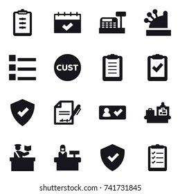 16 vector icon set : clipboard, calendar, cashbox, list, check in, baggage checking, inspector, reception, clipboard list