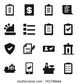 16 vector icon set : clipboard, receipt, shopping list, cashbox, list, check in, detector, baggage checking, mobile checking, reception, clipboard list