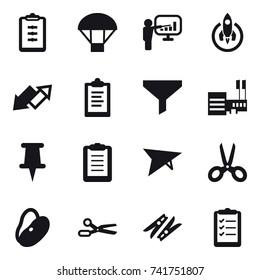 16 vector icon set : clipboard, parachute, presentation, rocket, up down arrow, funnel, mall, deltaplane, scissors, clothespin, clipboard list