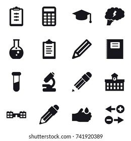 16 vector icon set : clipboard, calculator, graduate hat, brain, round flask, pencil, copybook, university, school