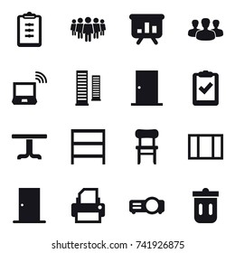 16 vector icon set : clipboard, team, presentation, group, notebook wireless, skyscrapers, door, table, rack, chair, window, trash bin