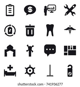 16 vector icon set : clipboard, money message, presentation, pencil wrench, battery charge, bin, minaret, windmill, hospital, handwheel, rake, do not distrub