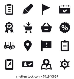 16 vector icon set : clipboard, marker, flag, calendar, medal, add to cart, remove from basket, percent, sale, check in, map, handwheel
