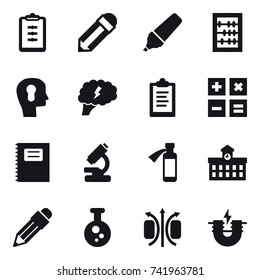 16 vector icon set : clipboard, pencil, marker, abacus, bulb head, brain, calculator, copybook, university